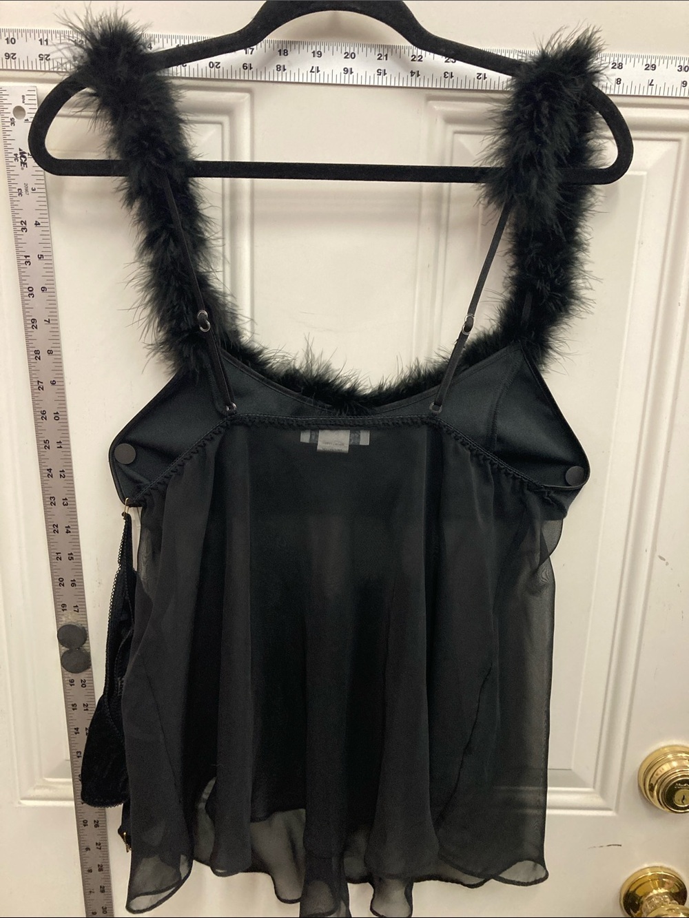 Black Sheer Marabou Trim Babydoll Lingerie Two Piece Set - Pre-loved - Picture 3 of 5